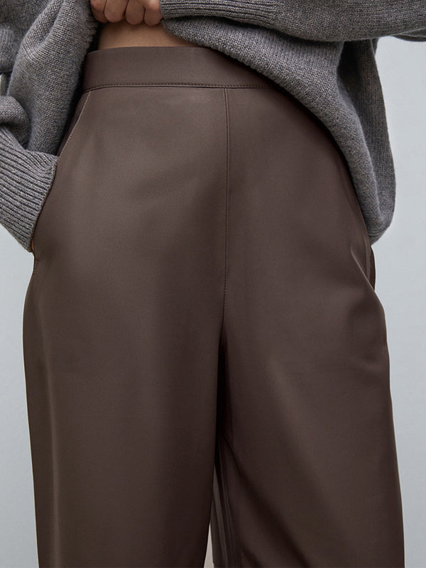 High Waist Faux Leather Wide Leg Pants Brown Straight Leg Casual Trousers