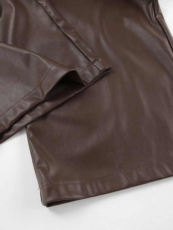 High Waist Faux Leather Wide Leg Pants Brown Straight Leg Casual Trousers