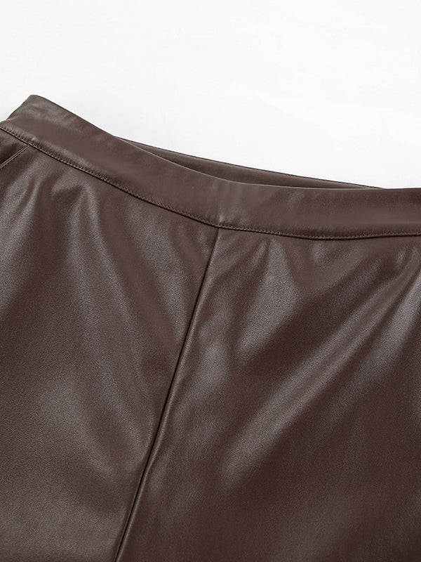 High Waist Faux Leather Wide Leg Pants Brown Straight Leg Casual Trousers