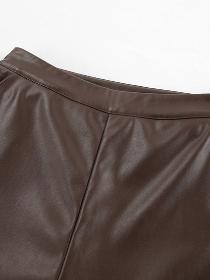 High Waist Faux Leather Wide Leg Pants Brown Straight Leg Casual Trousers