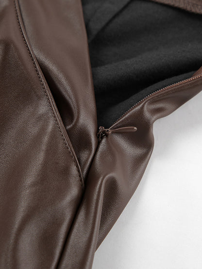 High Waist Faux Leather Wide Leg Pants Brown Straight Leg Casual Trousers