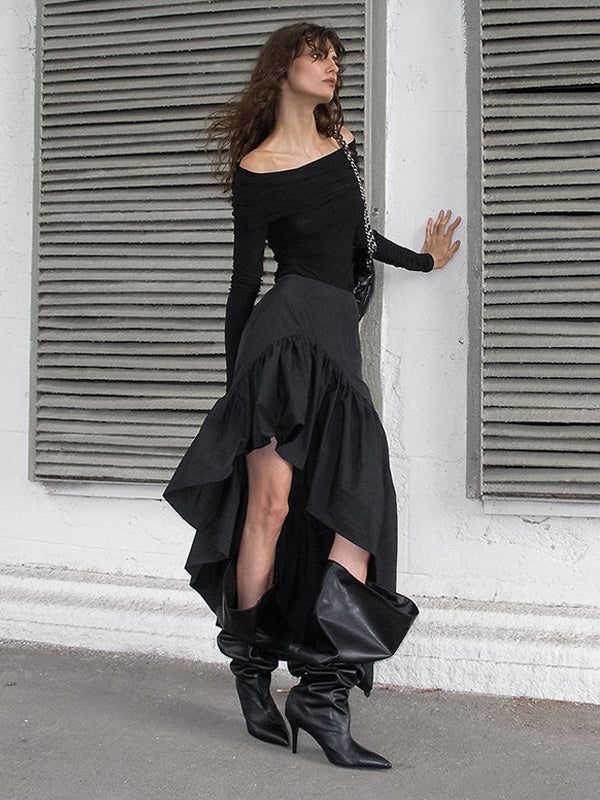 High Waist Ruffle High Low Hem Black Women Skirt Asymmetrical Midi Skirt