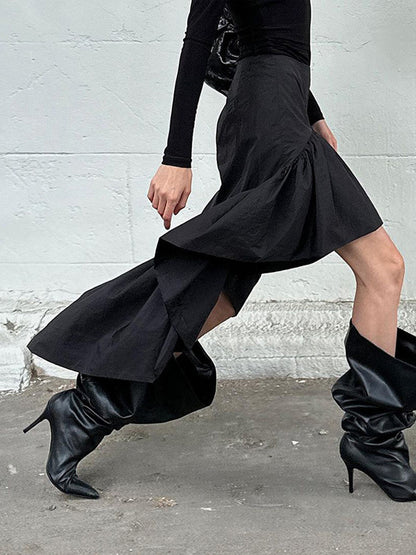 High Waist Ruffle High Low Hem Black Women Skirt Asymmetrical Midi Skirt