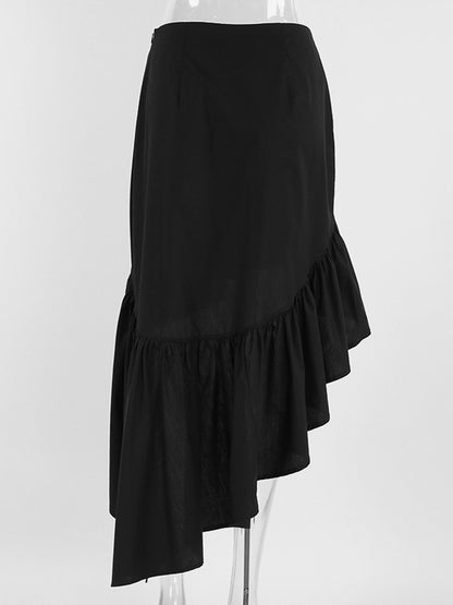 High Waist Ruffle High Low Hem Black Women Skirt Asymmetrical Midi Skirt