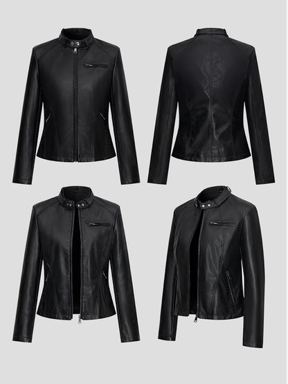 Stand Collar Zip Up Leather Jacket Slim Fit Side Zipper Pocket Solid Black Outer Coat