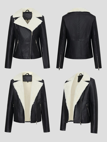 Fleece Lined Moto Jacket Wide Shearling Lapel Asym Zip Warm Faux Leather Coat