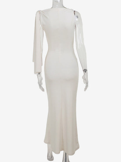 Party Dresses Black Cream Off Shoulder Mermaid Maxi Dress Sash Tie Long Sleeve Evening Gown