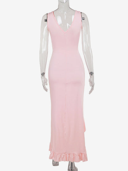 Vacation Dresses V Neck Spaghetti Strap Maxi Dress High Slit Ruffle Hem Mermaid Bodycon Party Gown