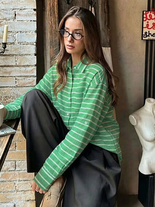 Green Pink Horizontal Striped Button Down Shirt Collar Pocket Long Sleeve Oversized Casual Blouse