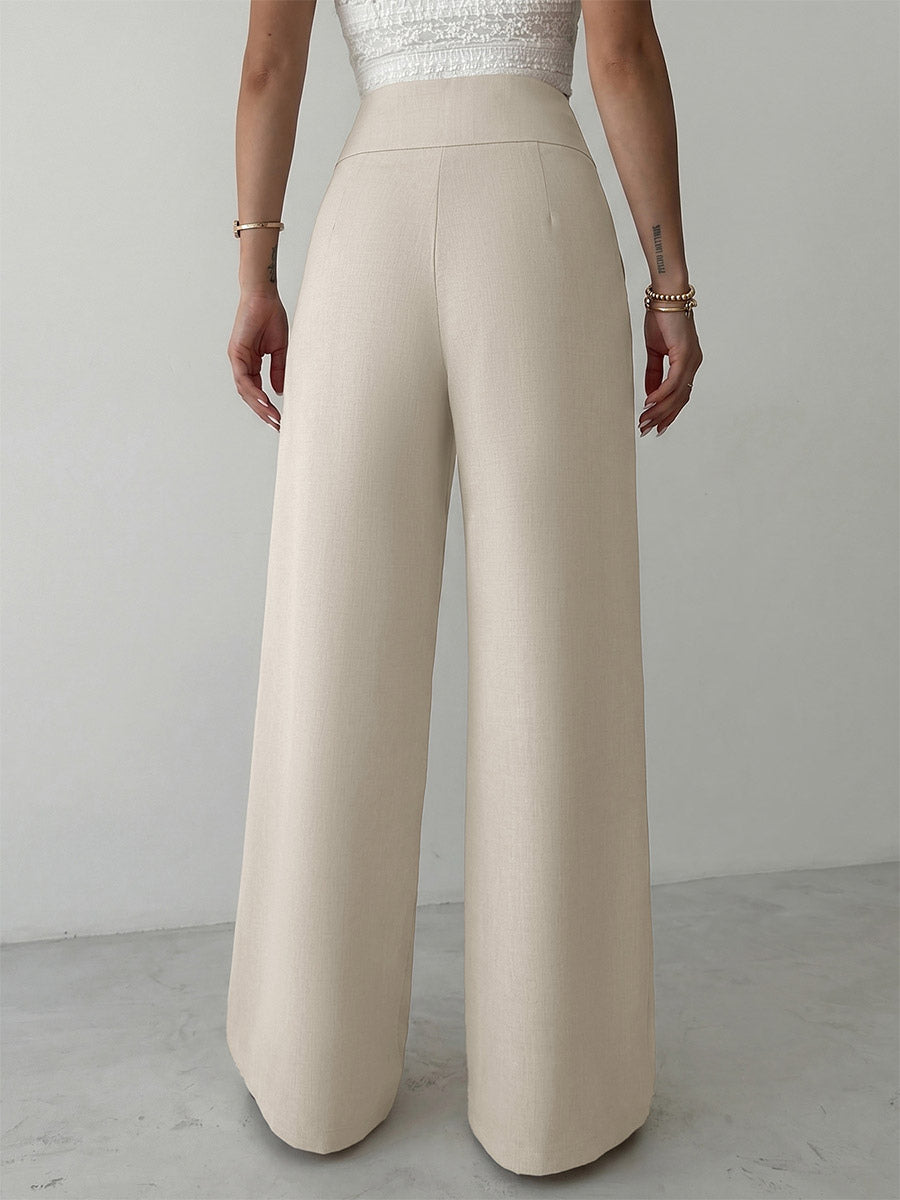 Beige High Waist Wide Leg Pants Front Ruched Metal Ring Decor Loose Straight Long Trousers