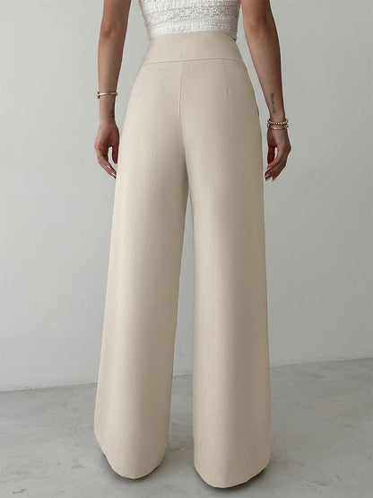 Beige High Waist Wide Leg Pants Front Ruched Metal Ring Decor Loose Straight Long Trousers