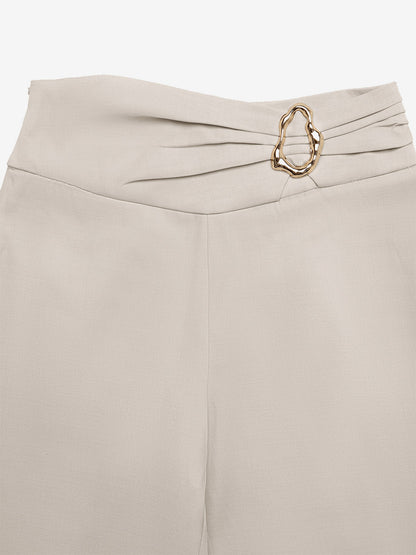 Beige High Waist Wide Leg Pants Front Ruched Metal Ring Decor Loose Straight Long Trousers