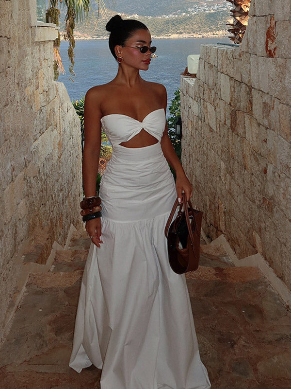 Vacation Dresses Strapless Cutout Waist Maxi Dress Sweetheart Bustier Flowy Mermaid Gown