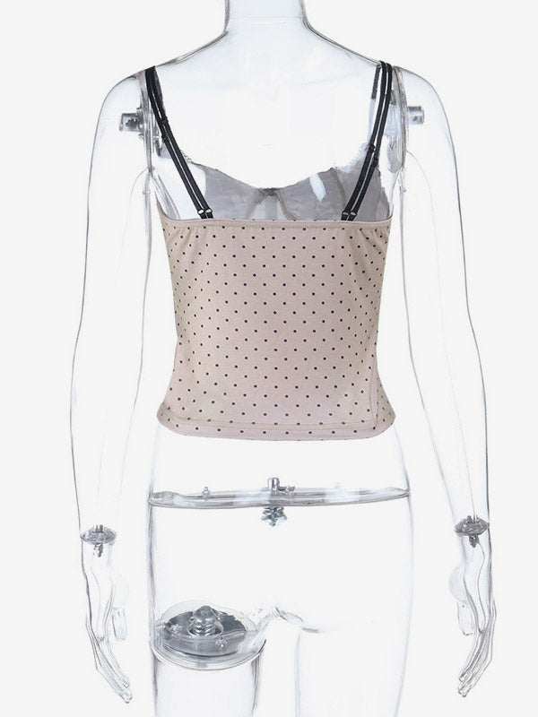 Contrast Lace Polka Dot Corset Camisole Thin Spaghetti Strap Bone Structured Slim Crop Bustier Top