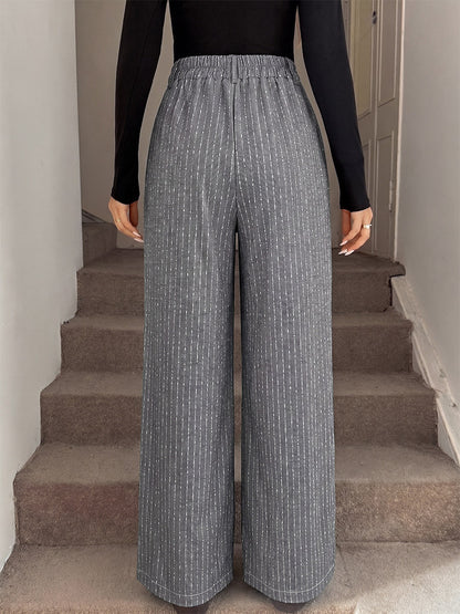 Grey Vertical Striped Wide Leg Trousers High Waist Elastic Back Loose Casual Palazzo Pants