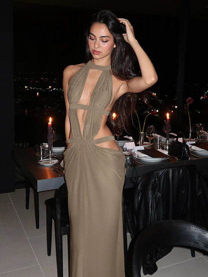 Vacation Dresses Khaki Halter Cutout Maxi Dress Strappy Backless Ruched Side Slit Bodycon Evening Party Gown