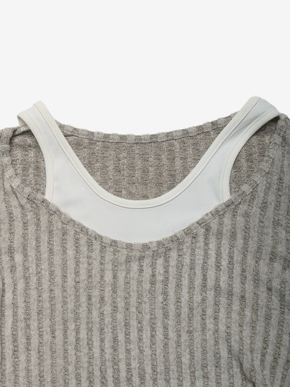 Fake Two Piece Ribbed Knit Long Sleeve Top Scoop Neck Layered Slim Casual Shirt