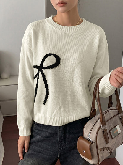 Cream White Crew Neck Knit Sweater Big Contrast Black Bow Embroidery Long Sleeve Loose Pullover