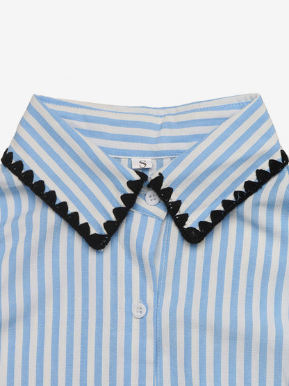 Blue White Striped Oversized Shirt Contrast Black Scallop Trim Collar Pocket Casual Blouse