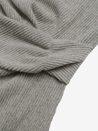 Daily Dresses Gray Ribbed Knit Midi Dress Crew Neck Long Sleeve Twist Waist Side Slit Bodycon Pencil Dress