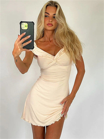 Tossy V-Neck Twist Backless Mini Dress – Ruffled Slim Patchwork Summer Casual Solid Bandage Dress for Women