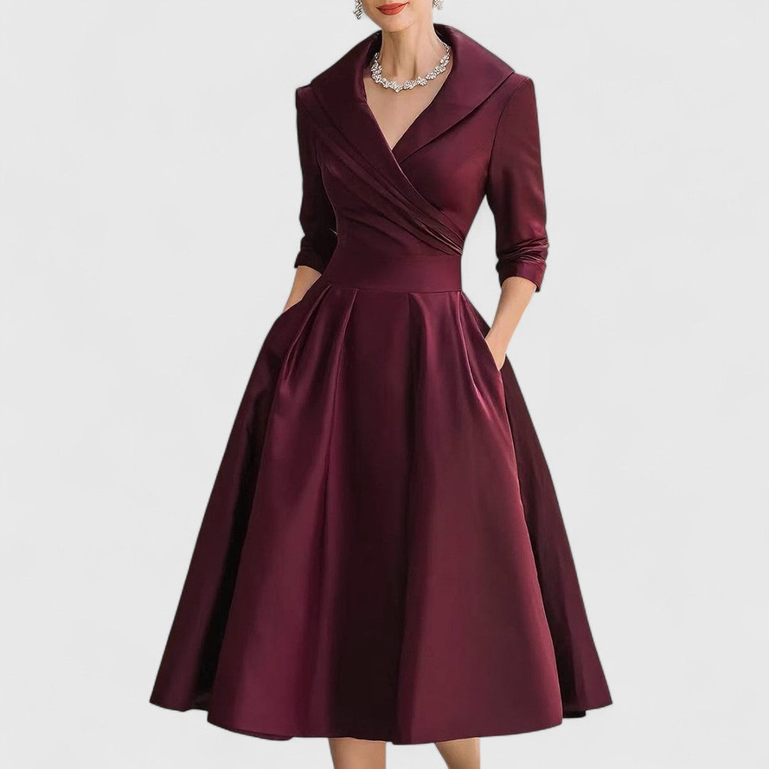 Shawl Collar Wrap Bodice Three Quarter Sleeve Pleated Pocket Midi Dress