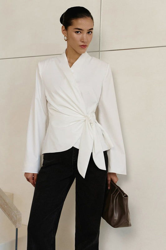 V Neck Asymmetric Tie Blouse