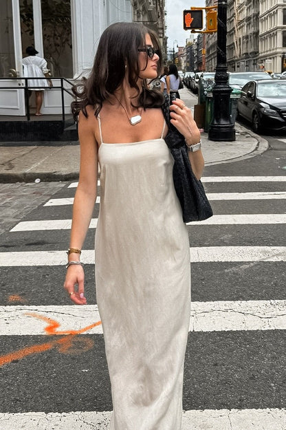 | Khaki Linen Cotton Loose Maxi Dress