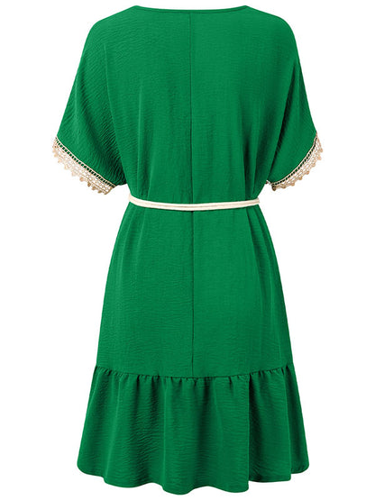Short Sleeves Belted Split-Joint V-neck Mini Dresses