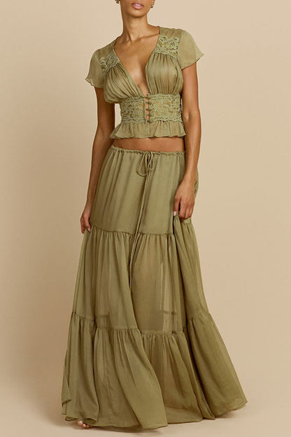 Sabrina Chiffon Lace Trim Button Up Short Sleeve Ruffle Plung Blouse