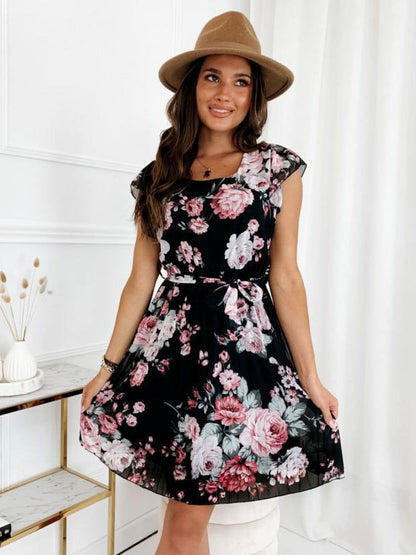 Mini Dresses Black Floral Print Short Sleeves Short Dress