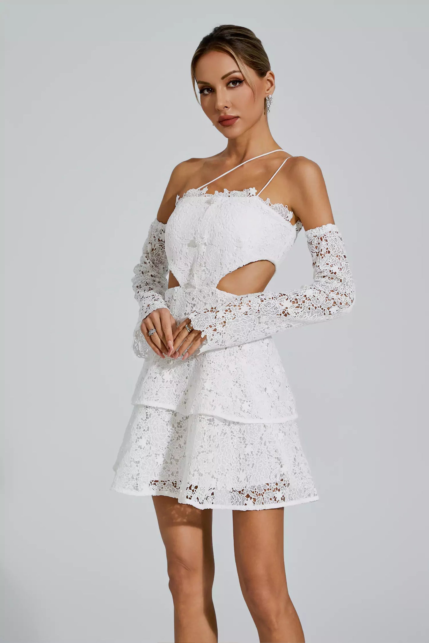 Deborah White lace Cut Out Mini Dress