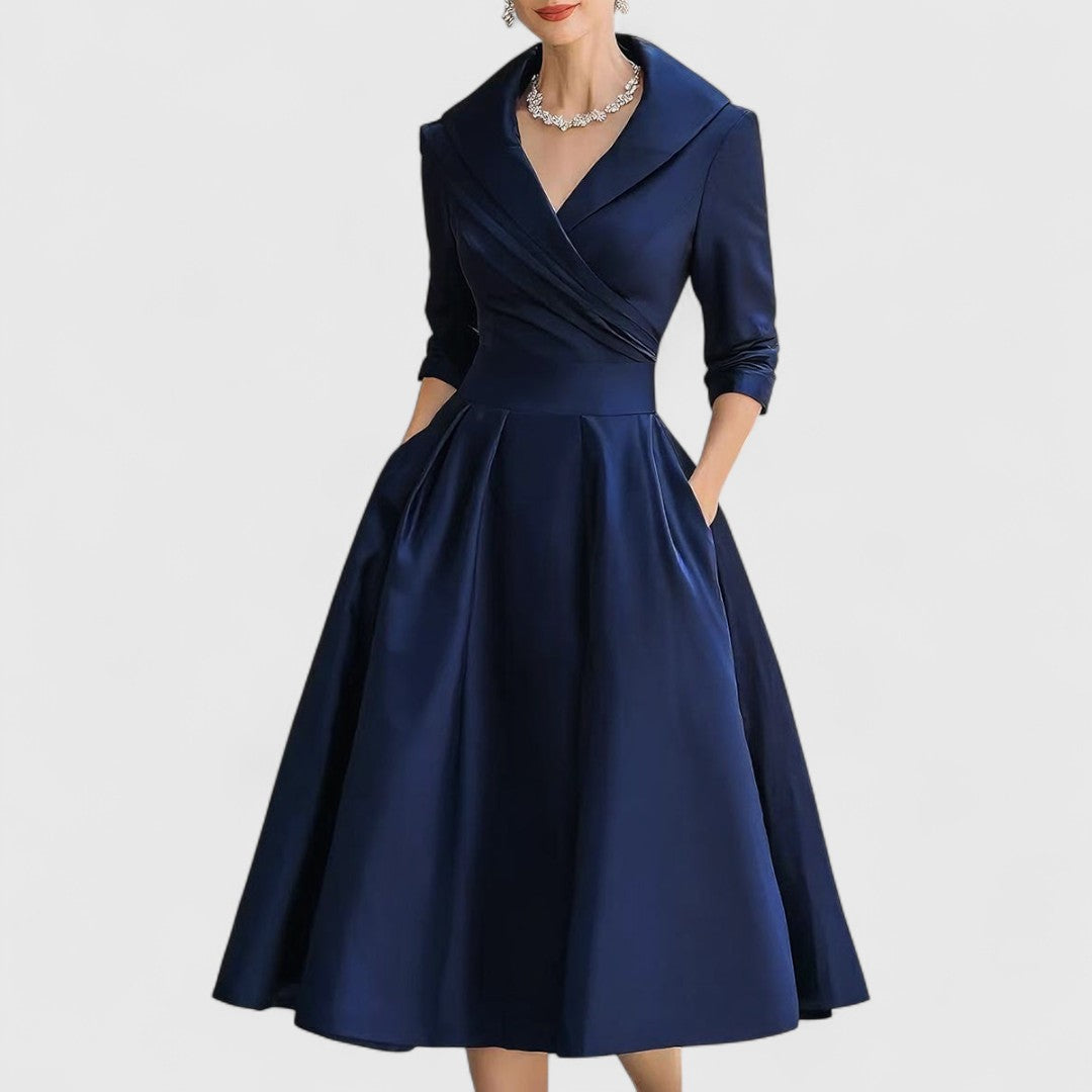 Shawl Collar Wrap Bodice Three Quarter Sleeve Pleated Pocket Midi Dress