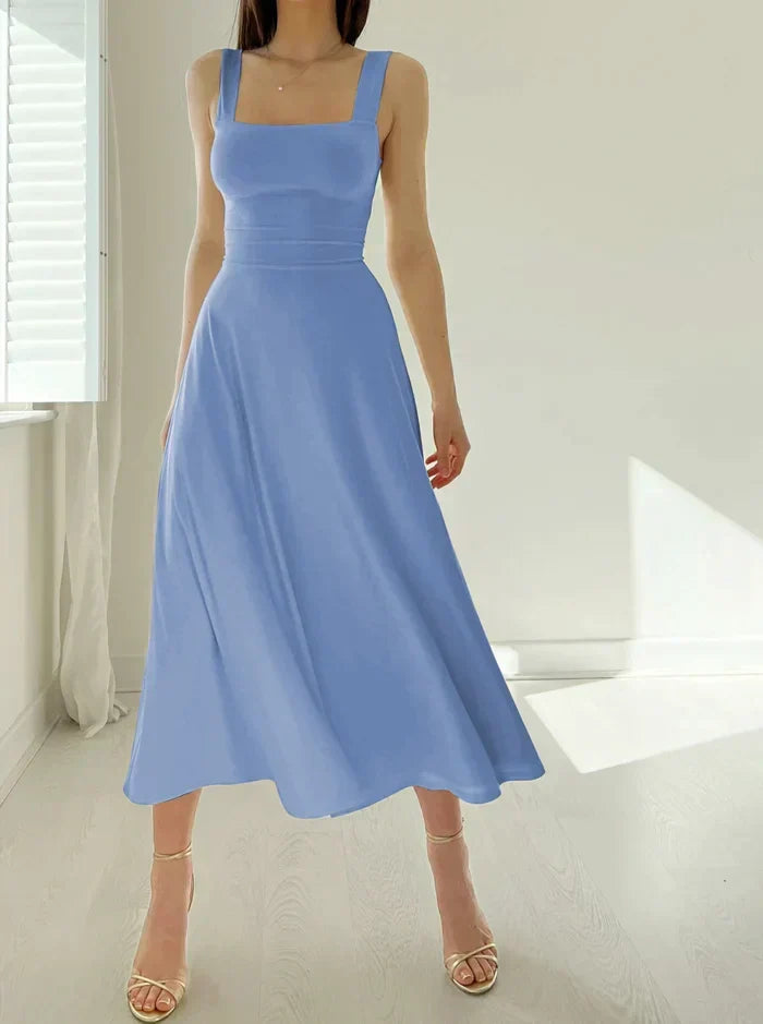 Square Neck Wide Strap A-Line Midi Dress