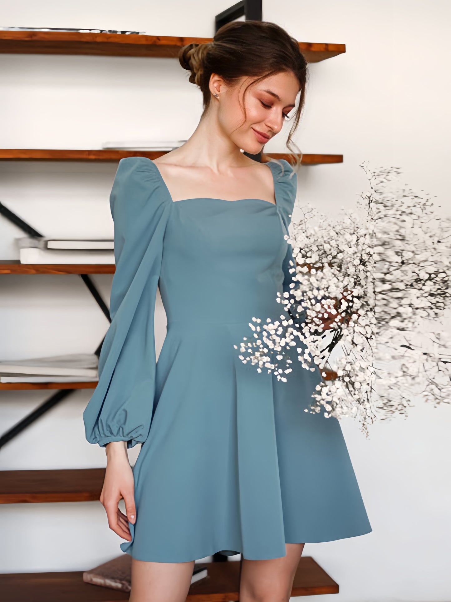 Casual Skater Dresses Square Neck Long Sleeves Flared Mini Dress
