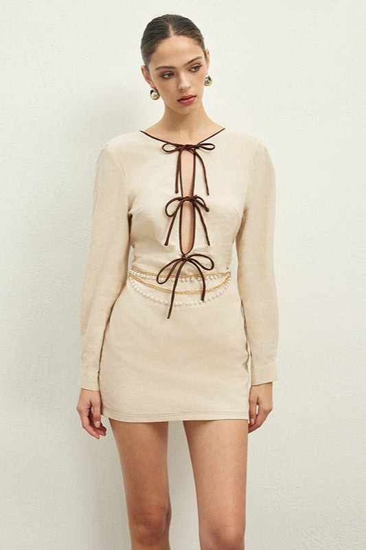 Round Neck Lace Up Front Cutout Bow Tie Long Sleeve Mini Dress