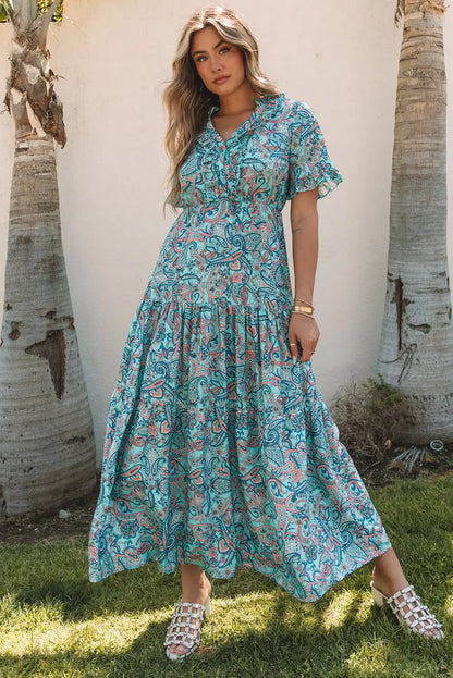boho paisley print ruffle maxi dress