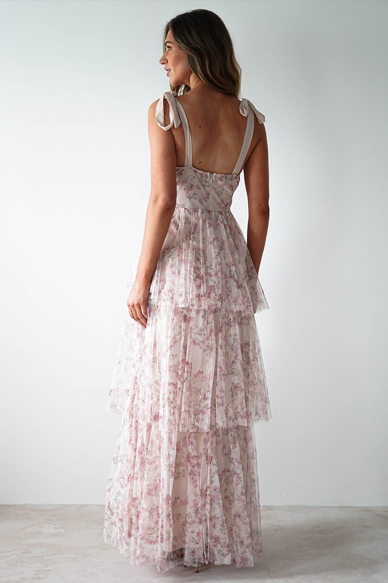 Sweetheart Bustier Tie Shoulder Bow Strap Tiered Ruffle Floral Maxi Dress