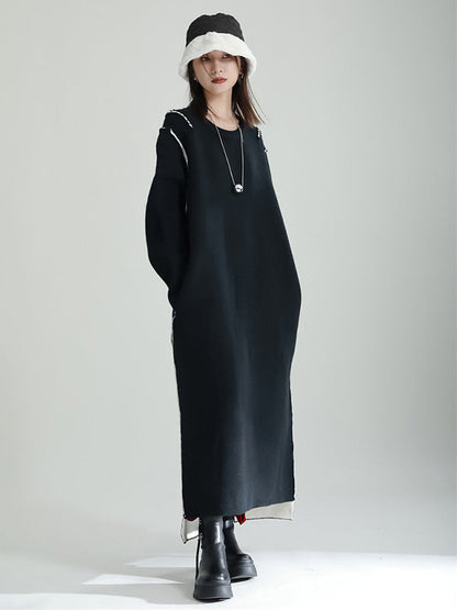 Casual Long Sleeves Loose Solid Color Round-Neck Sweater Dresses