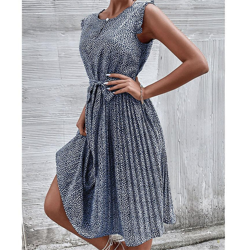 Round Neck Pleated Floral Print Maxi Dress in Multiple Colors