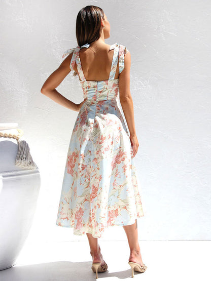 Print Midi Dress Floral Sleeveless Sweetheart Neck Casual Lace Up Backless Summer Dresses