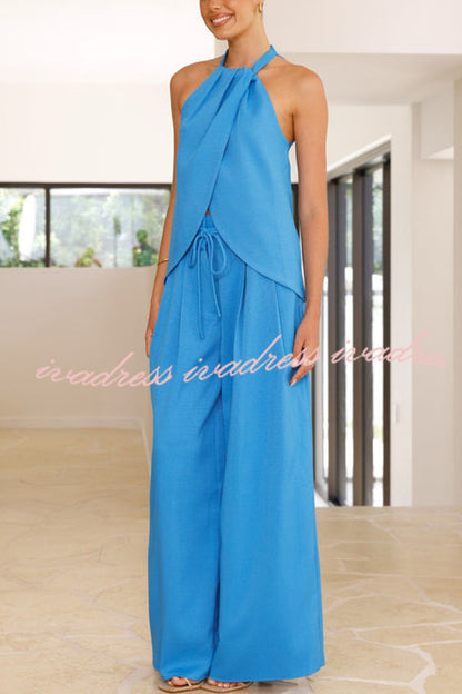 Gette Linen Blend Slit Front Top and High Rise Knoted Pocket Wide Leg Pants Set