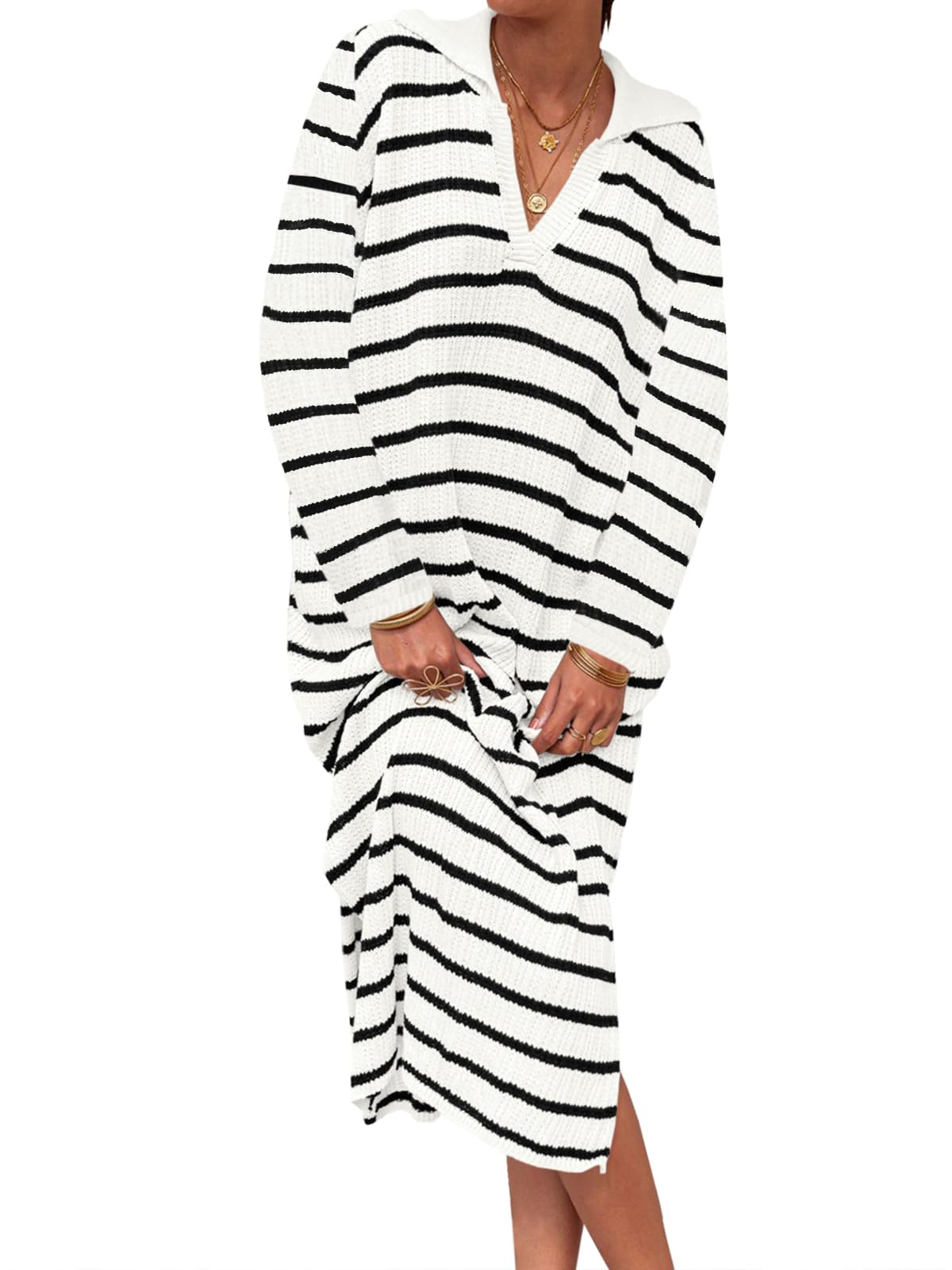 Fall Chunky Knit V Neck Collared Long Sleeve Sexy Slit Loose Midi Dresses
