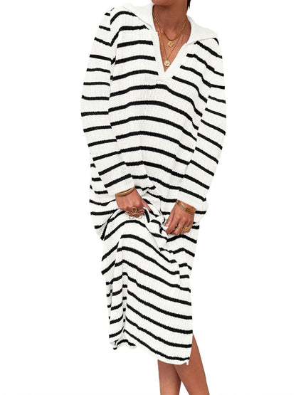 Fall Chunky Knit V Neck Collared Long Sleeve Sexy Slit Loose Midi Dresses