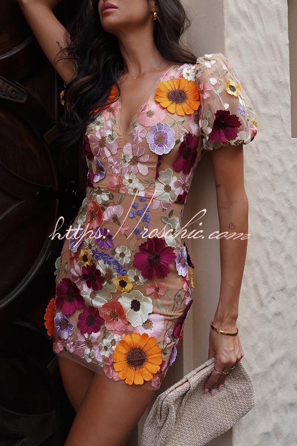 Garden Gala Embroidered Floral Applique Puff Sleeve Mini Dress