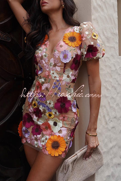 Garden Gala Embroidered Floral Applique Puff Sleeve Mini Dress