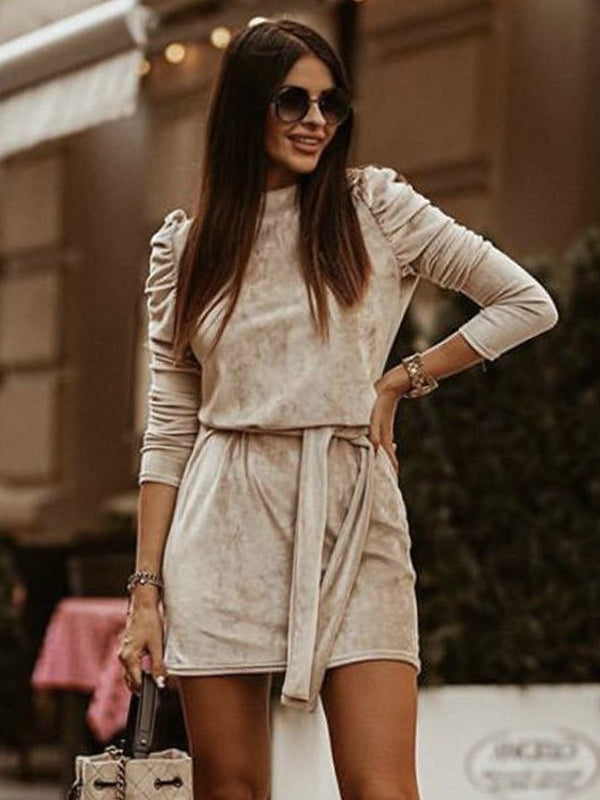 Velvet Dress Coffee Brown Knotted Pleated Party Long Sleeves High Collar Fall Short Mini Dresses