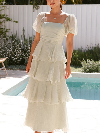Square Collar Puff Sleeve Cake Skirt Vacation Parties Maxi Dresses