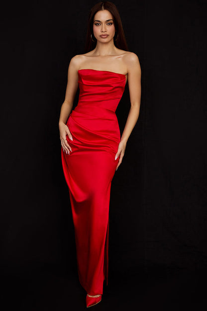 Satin Strapless Draped Cowl Ruched High Split Maxi Gown