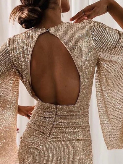 V-neck Bodycon Short Dress With Asymmetrical Hem And Sequins